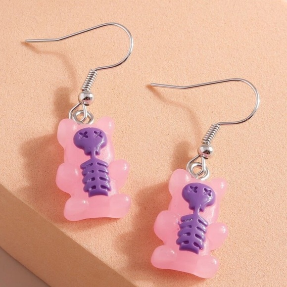 💀 Adorable Pastel Skeleton Skull Teddy Bear Drop Earrings 🐻 - Picture 4 of 4